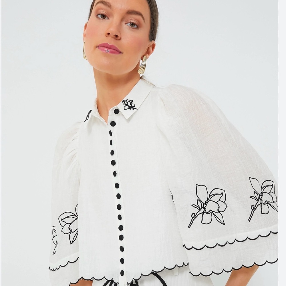 JOSLIN Gabriella Floral-Embroidered Seersucker Shirt
